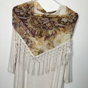 World Unity Women’s W/detach Scarf Fringe 3/4 Sleeve Soft Top Tunics Size M